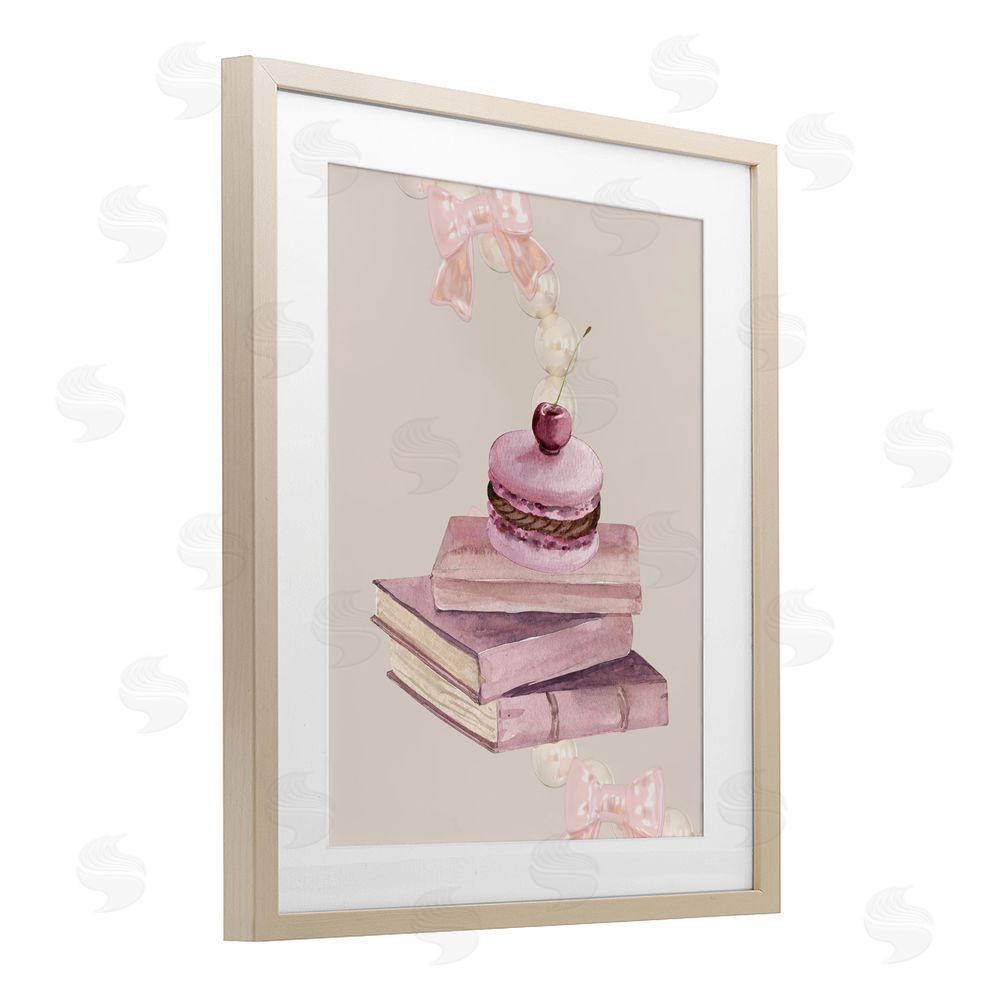Jesse Keith Cherry Macaron on Book Stack Birch Framed Print Under Glass with White Mat Wall Art