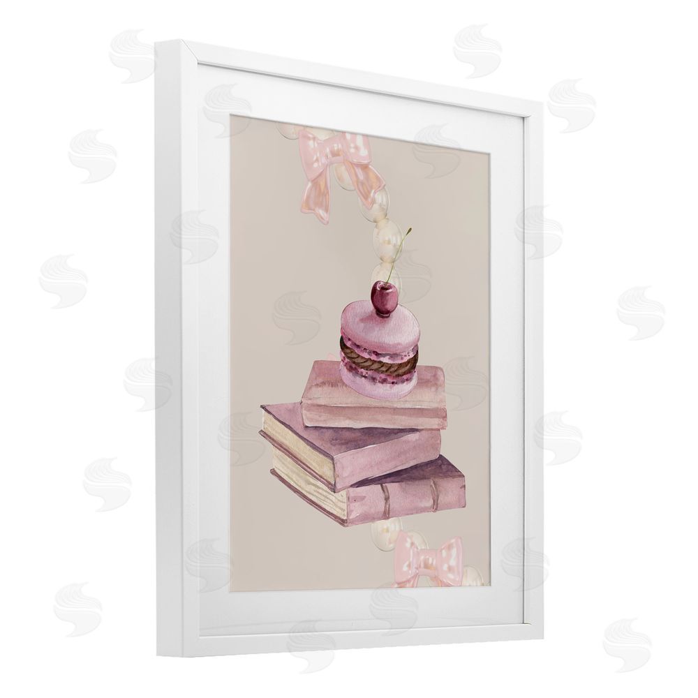 Jesse Keith Cherry Macaron on Book Stack White Framed Print Under Glass with Mat Wall Art
