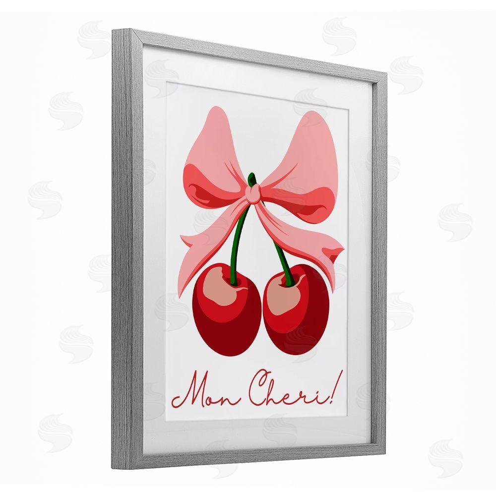 Marcus Prime Mon Cheri Bow Cherries Gray Framed Print Under Glass with White Mat Wall Art