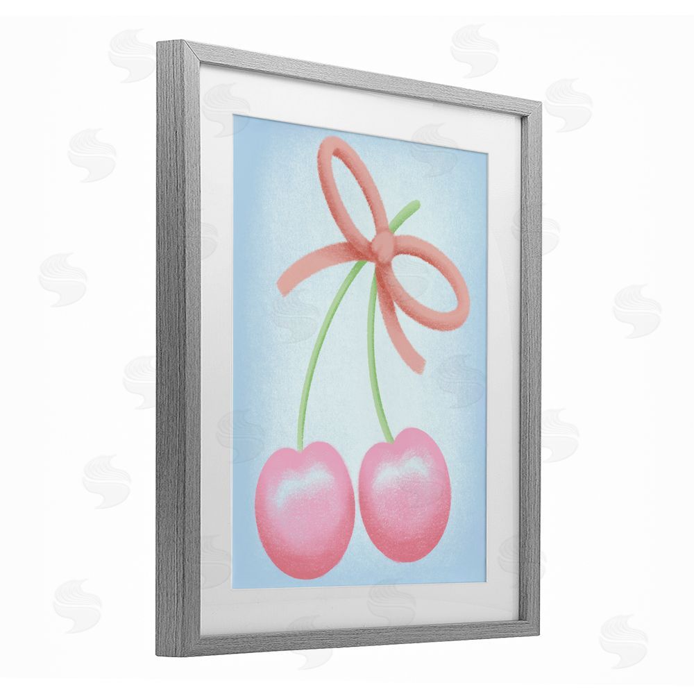 Marcus Prime Cherries And Round Bow Gray Framed Print Under Glass with White Mat Wall Art