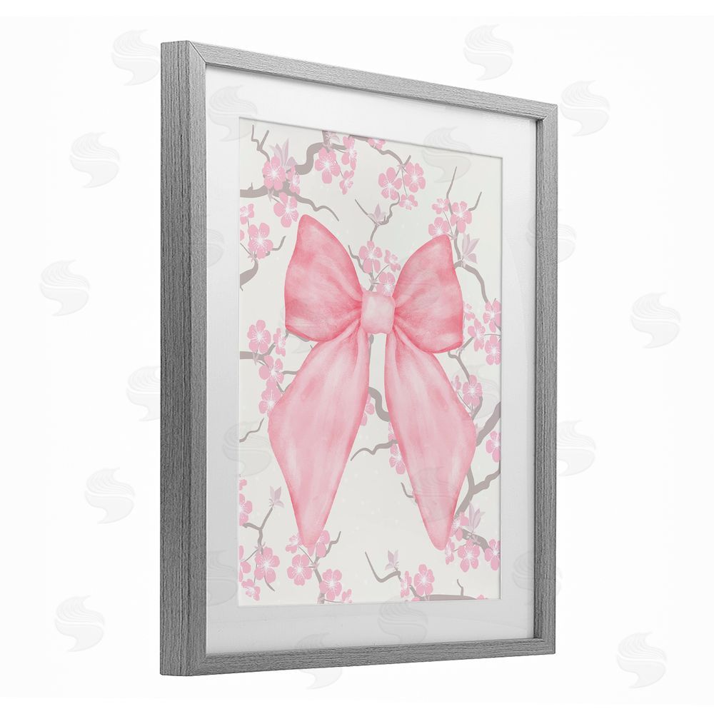 Jesse Keith Cherry Blossom & Ribbon Gray Framed Print Under Glass with White Mat Wall Art