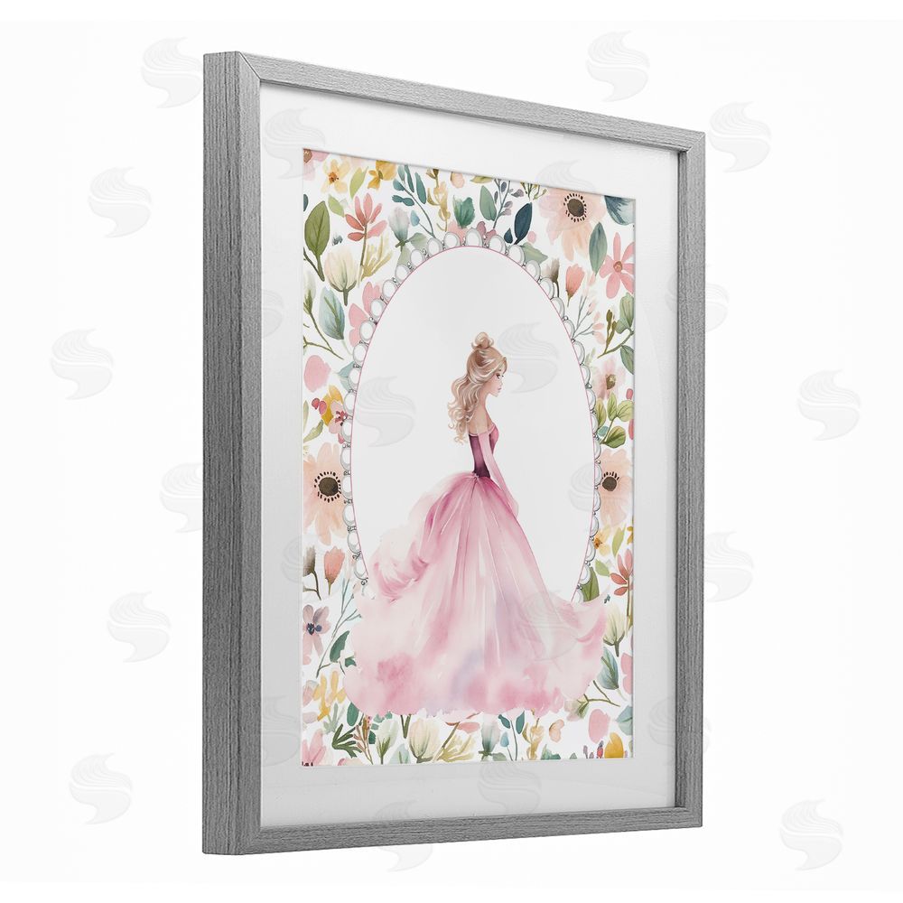 Christine Simpson Art Pink Princess with Pearl Border Gray Framed Print Under Glass with White Mat Wall Art