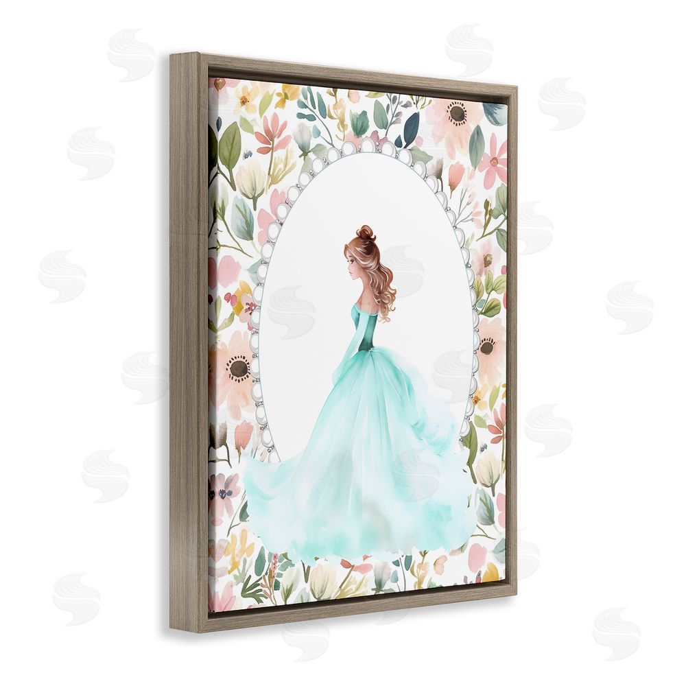 Christine Simpson Art Blue Princess with Pearl Border Brown Floating Frame Canvas Wall Art Print