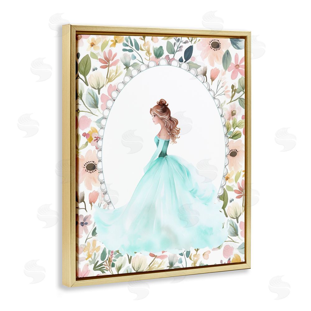 Christine Simpson Art Blue Princess with Pearl Border Gold Floating Frame Canvas Wall Art Print
