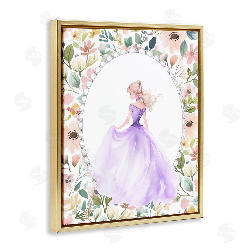 Christine Simpson Art Purple Princess with Pearl Border Gold Floating Frame Canvas Wall Art Print