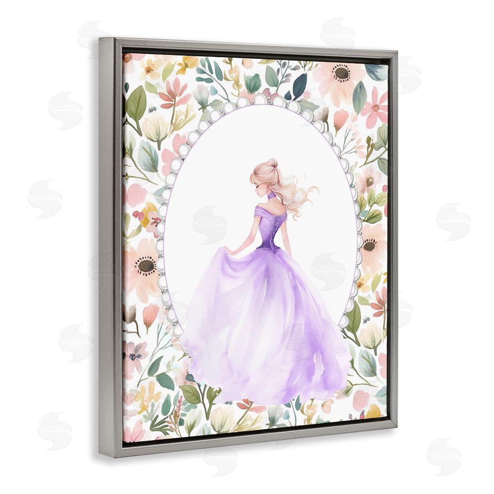Christine Simpson Art Purple Princess with Pearl Border Gray Floating Frame Canvas Wall Art Print
