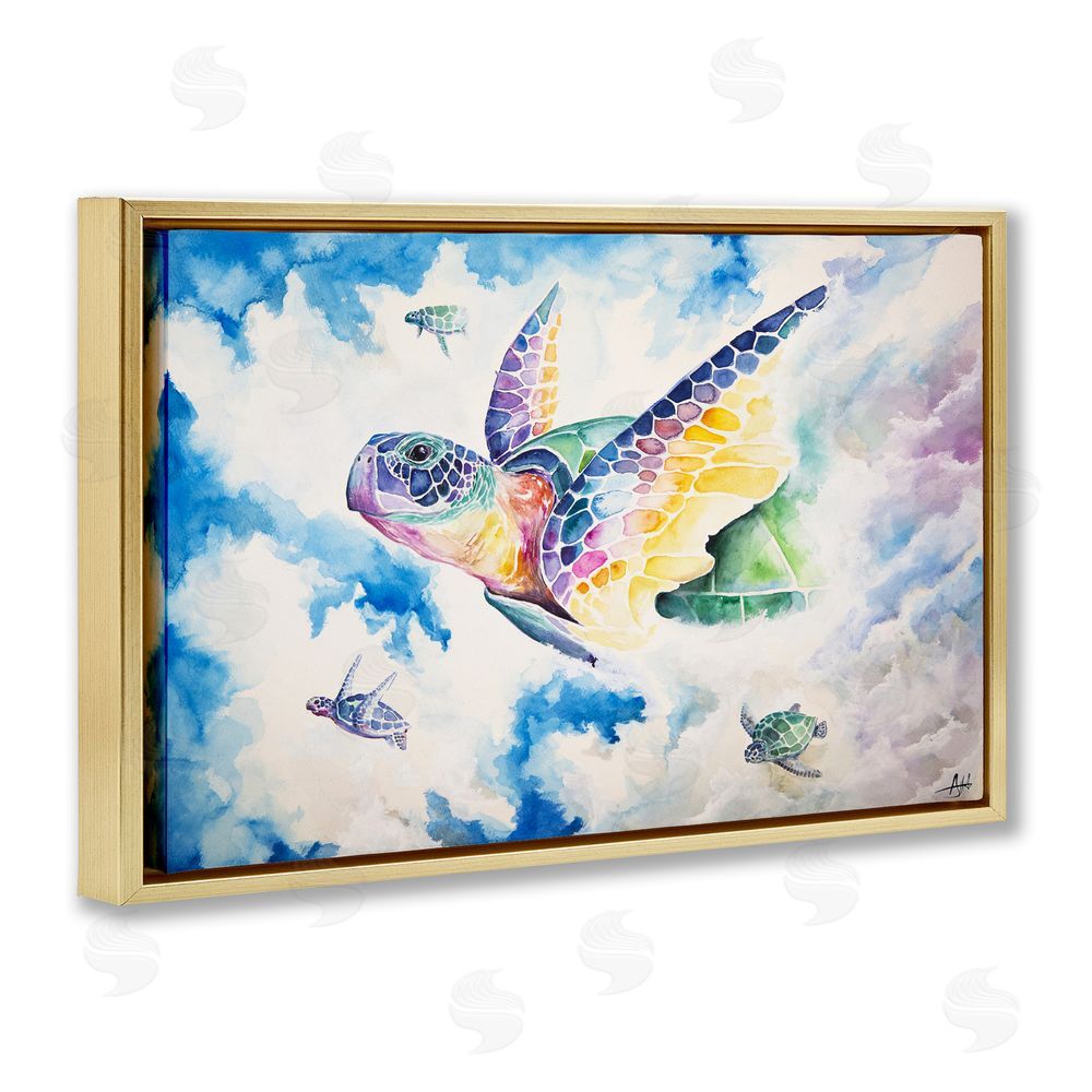 Marc Allante Skyward Sea Turtles Gold Floating Frame Canvas Wall Art Print