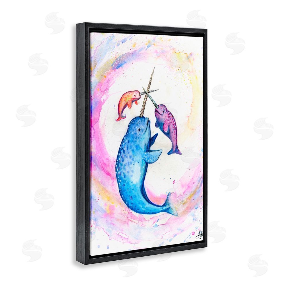 Marc Allante Three Narwhals in Pastels Black Floating Frame Canvas Wall Art Print