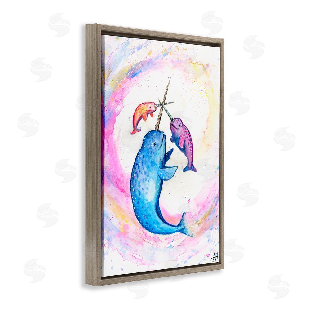 Marc Allante Three Narwhals in Pastels Brown Floating Frame Canvas Wall Art Print