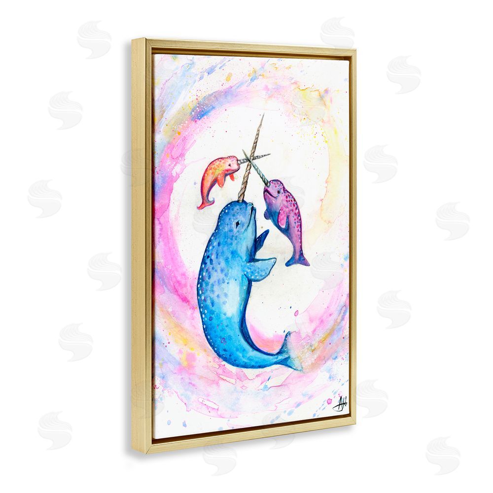 Marc Allante Three Narwhals in Pastels Gold Floating Frame Canvas Wall Art Print