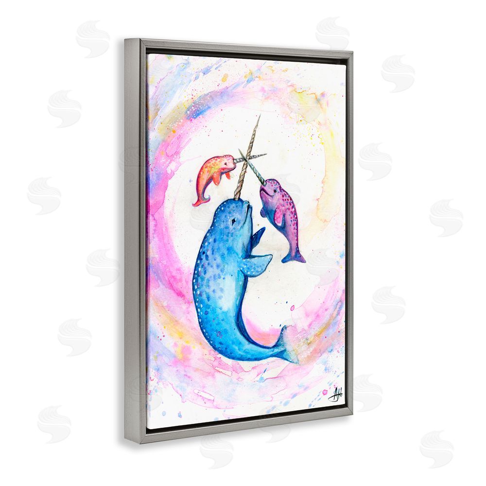 Marc Allante Three Narwhals in Pastels Gray Floating Frame Canvas Wall Art Print