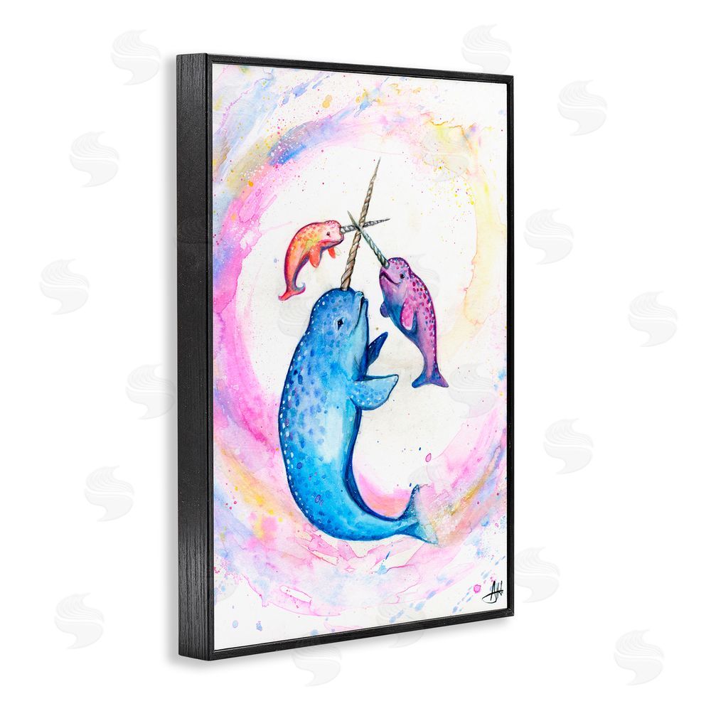 Marc Allante Three Narwhals in Pastels Black Framed Giclee Wall Art Print