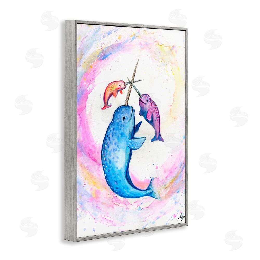 Marc Allante Three Narwhals in Pastels Gray Framed Giclee Wall Art Print