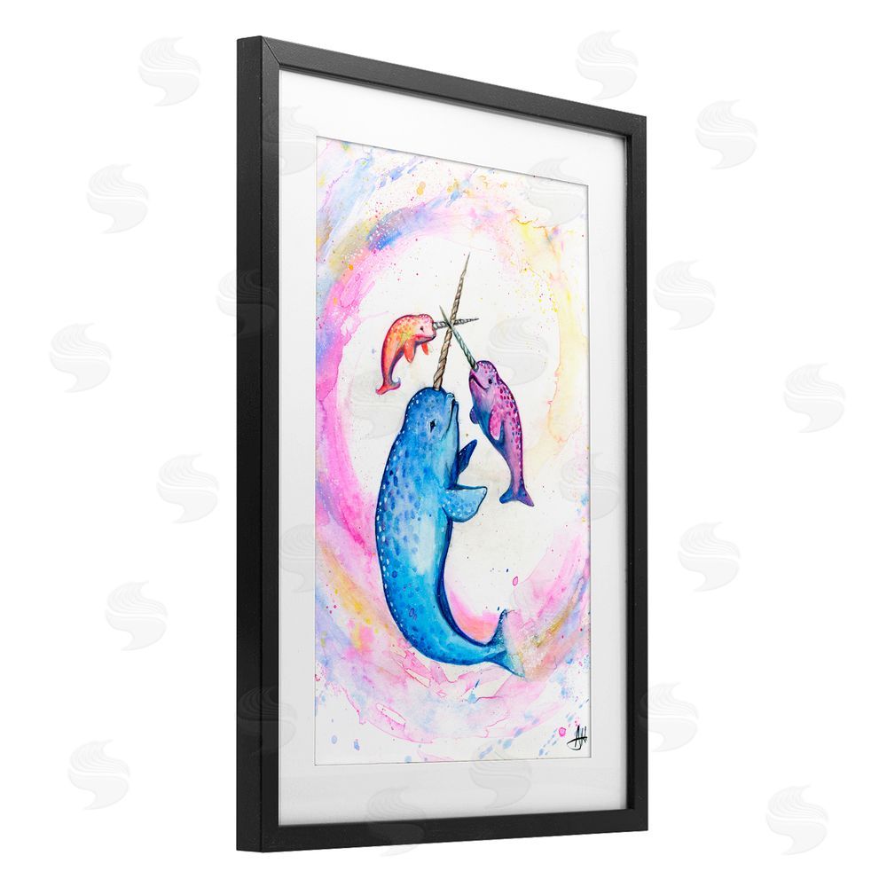 Marc Allante Three Narwhals in Pastels Black Framed Print Under Glass with White Mat Wall Art