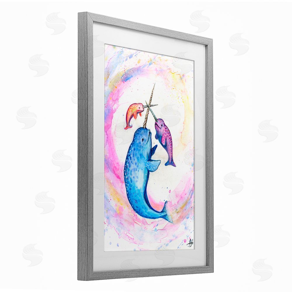 Marc Allante Three Narwhals in Pastels Gray Framed Print Under Glass with White Mat Wall Art