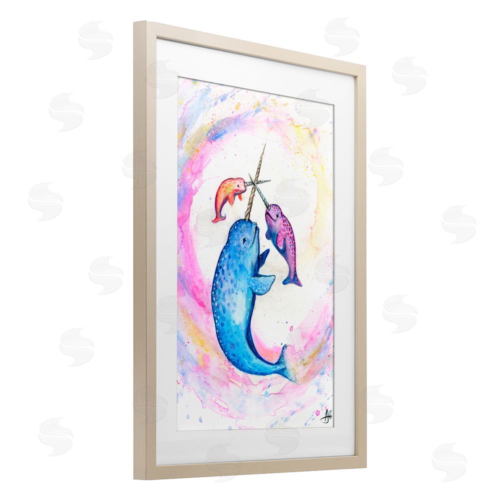 Marc Allante Three Narwhals in Pastels Birch Framed Print Under Glass with White Mat Wall Art