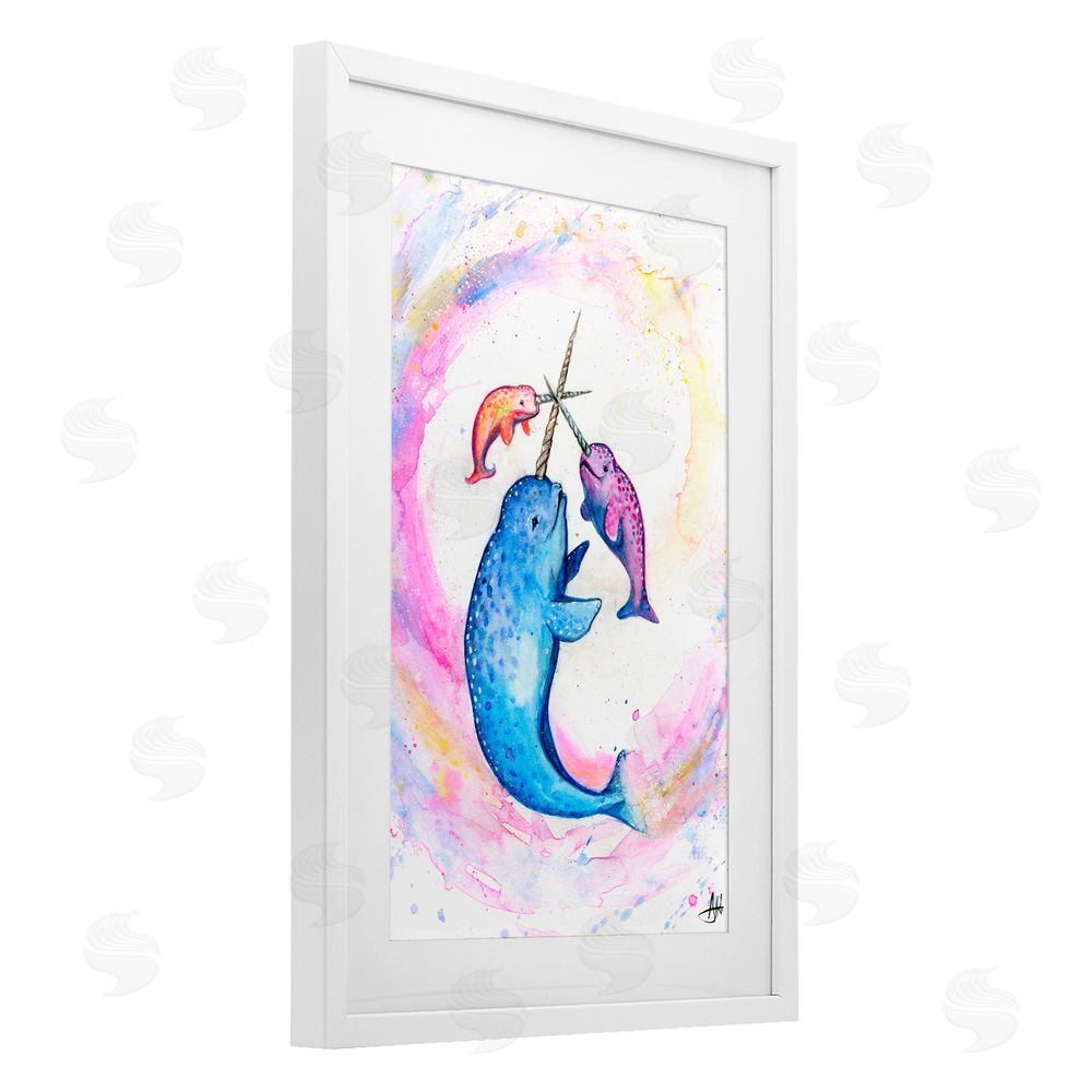 Marc Allante Three Narwhals in Pastels White Framed Print Under Glass with Mat Wall Art