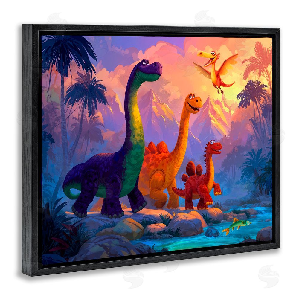 Wumples Dinosaur Friends In The Jungle Black Floating Frame Canvas Wall Art Print