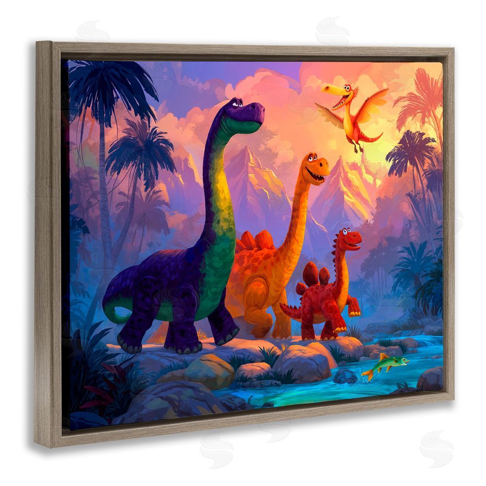 Wumples Dinosaur Friends In The Jungle Brown Floating Frame Canvas Wall Art Print