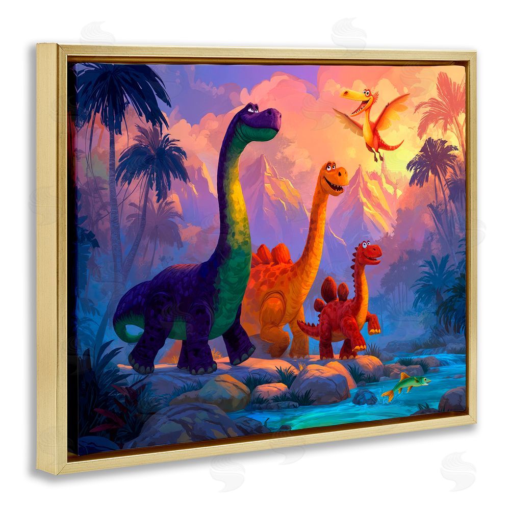 Wumples Dinosaur Friends In The Jungle Gold Floating Frame Canvas Wall Art Print