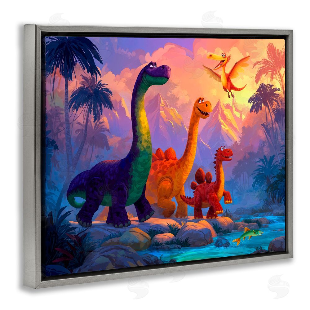 Wumples Dinosaur Friends In The Jungle Gray Floating Frame Canvas Wall Art Print