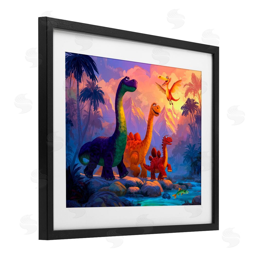 Wumples Dinosaur Friends In The Jungle Black Framed Print Under Glass with White Mat Wall Art