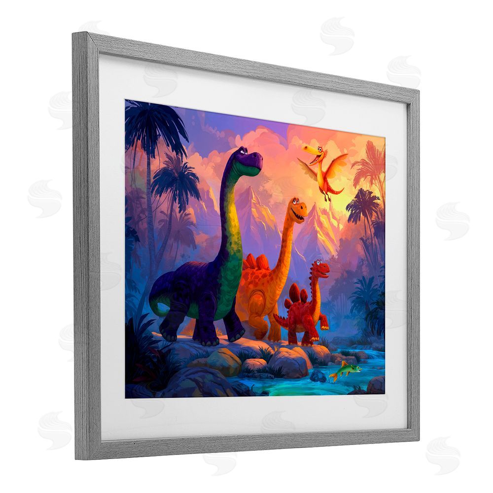 Wumples Dinosaur Friends In The Jungle Gray Framed Print Under Glass with White Mat Wall Art