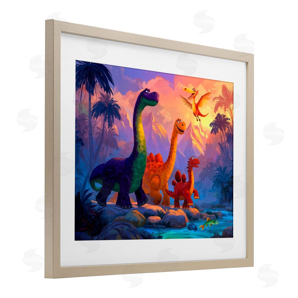 Wumples Dinosaur Friends In The Jungle Birch Framed Print Under Glass with White Mat Wall Art