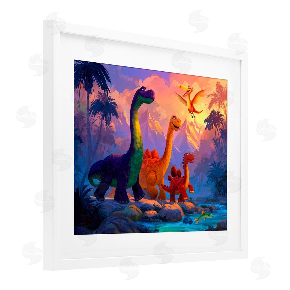 Wumples Dinosaur Friends In The Jungle White Framed Print Under Glass with Mat Wall Art