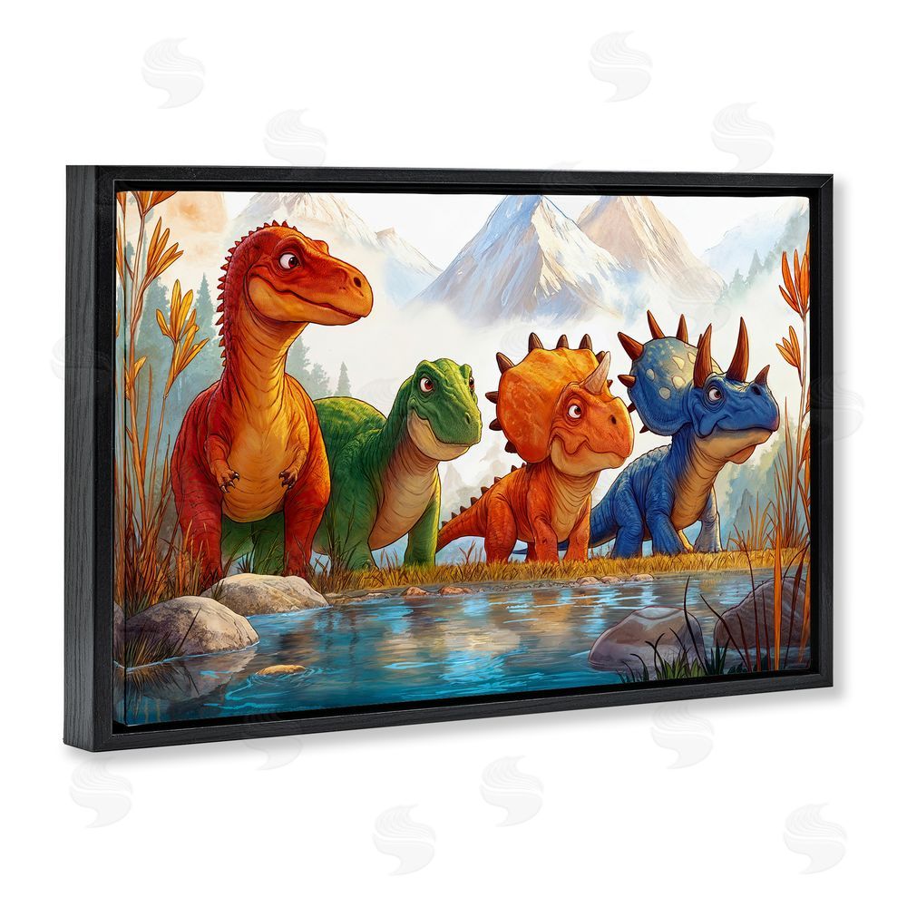 Wumples Four Dinos By The Pond Black Floating Frame Canvas Wall Art Print