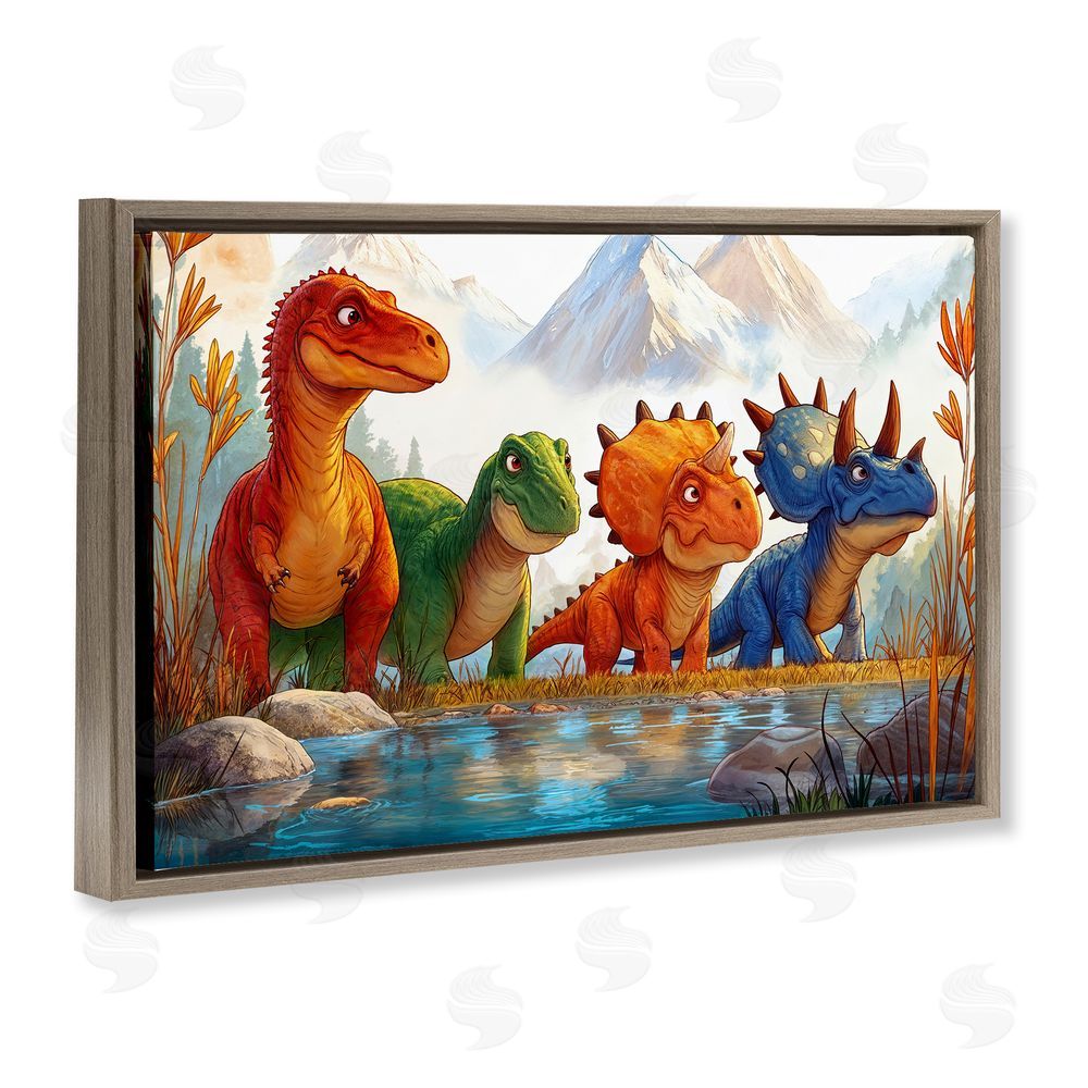 Wumples Four Dinos By The Pond Brown Floating Frame Canvas Wall Art Print