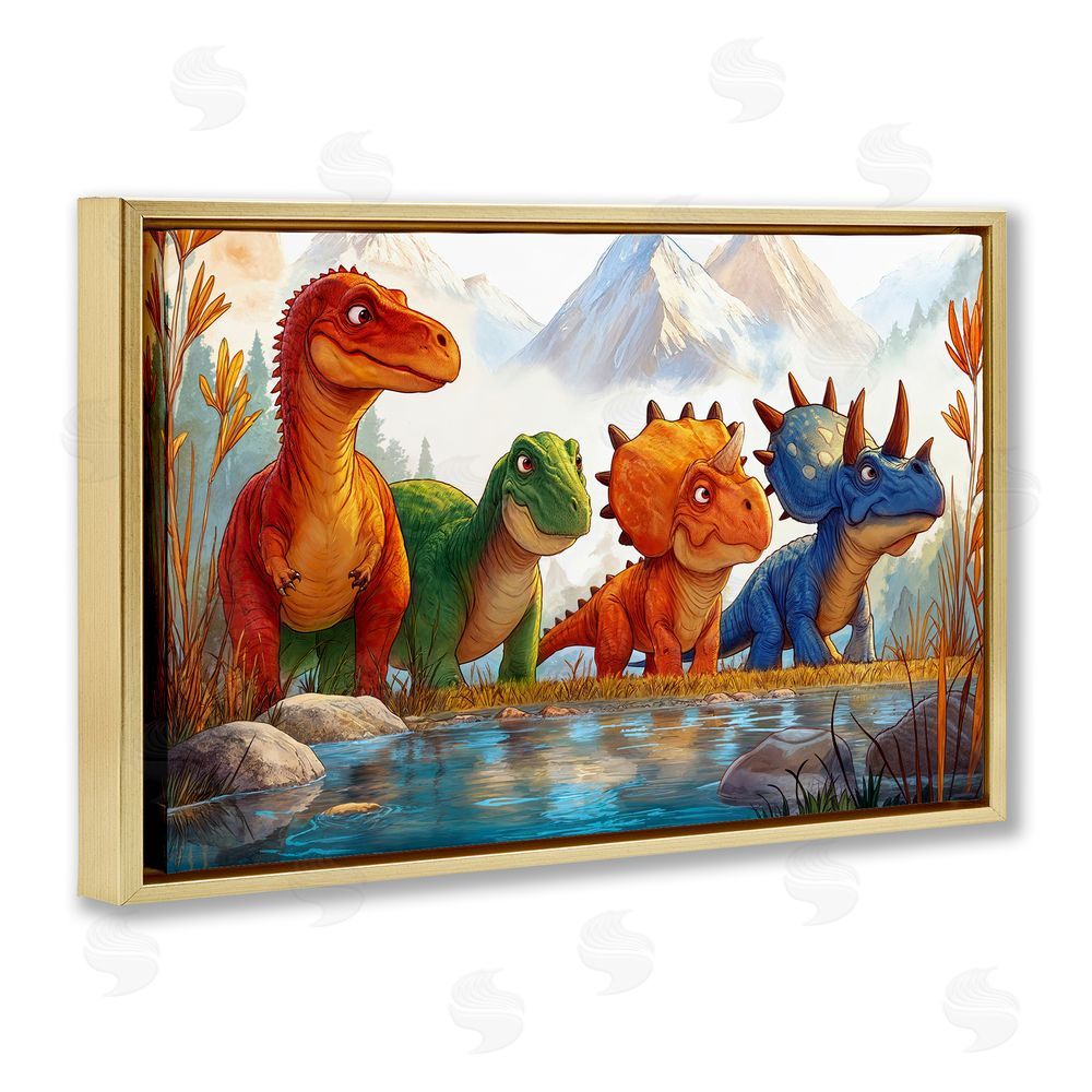 Wumples Four Dinos By The Pond Gold Floating Frame Canvas Wall Art Print