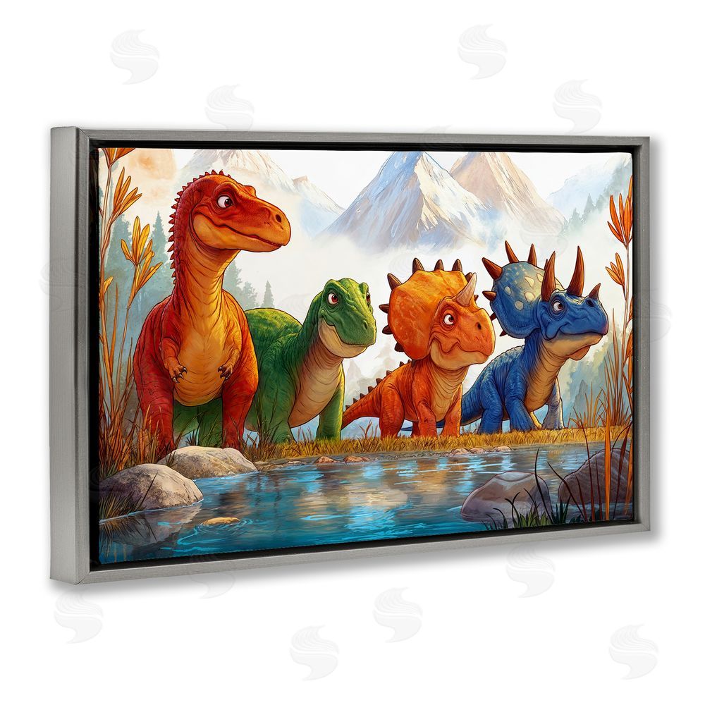 Wumples Four Dinos By The Pond Gray Floating Frame Canvas Wall Art Print
