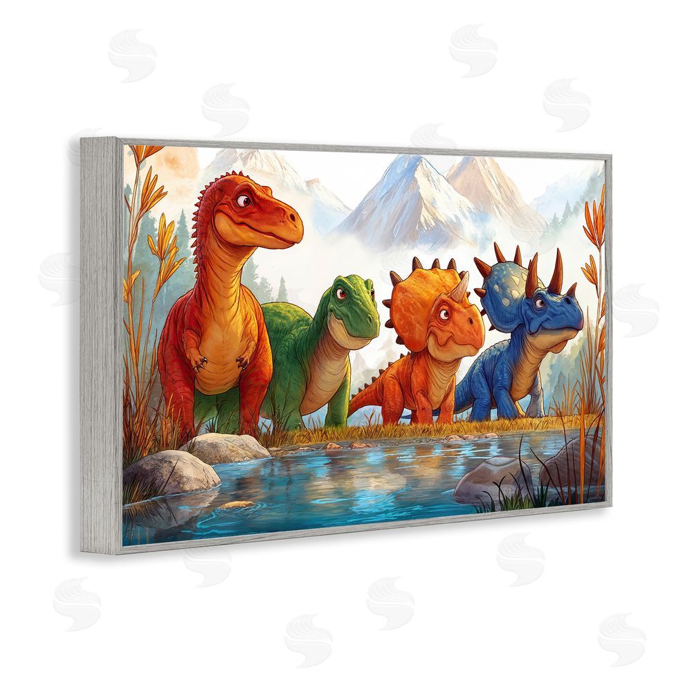 Wumples Four Dinos By The Pond Gray Framed Giclee Wall Art Print
