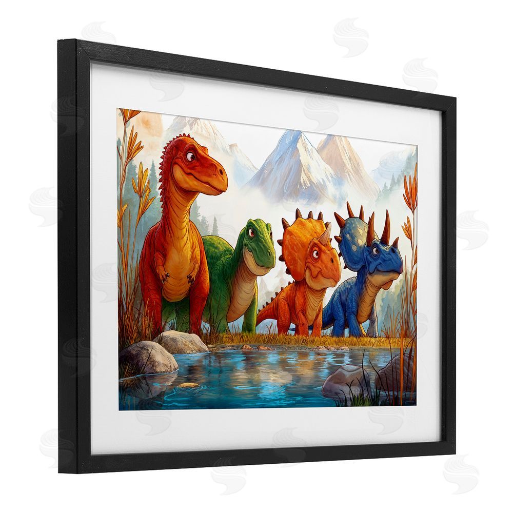 Wumples Four Dinos By The Pond Black Framed Print Under Glass with White Mat Wall Art