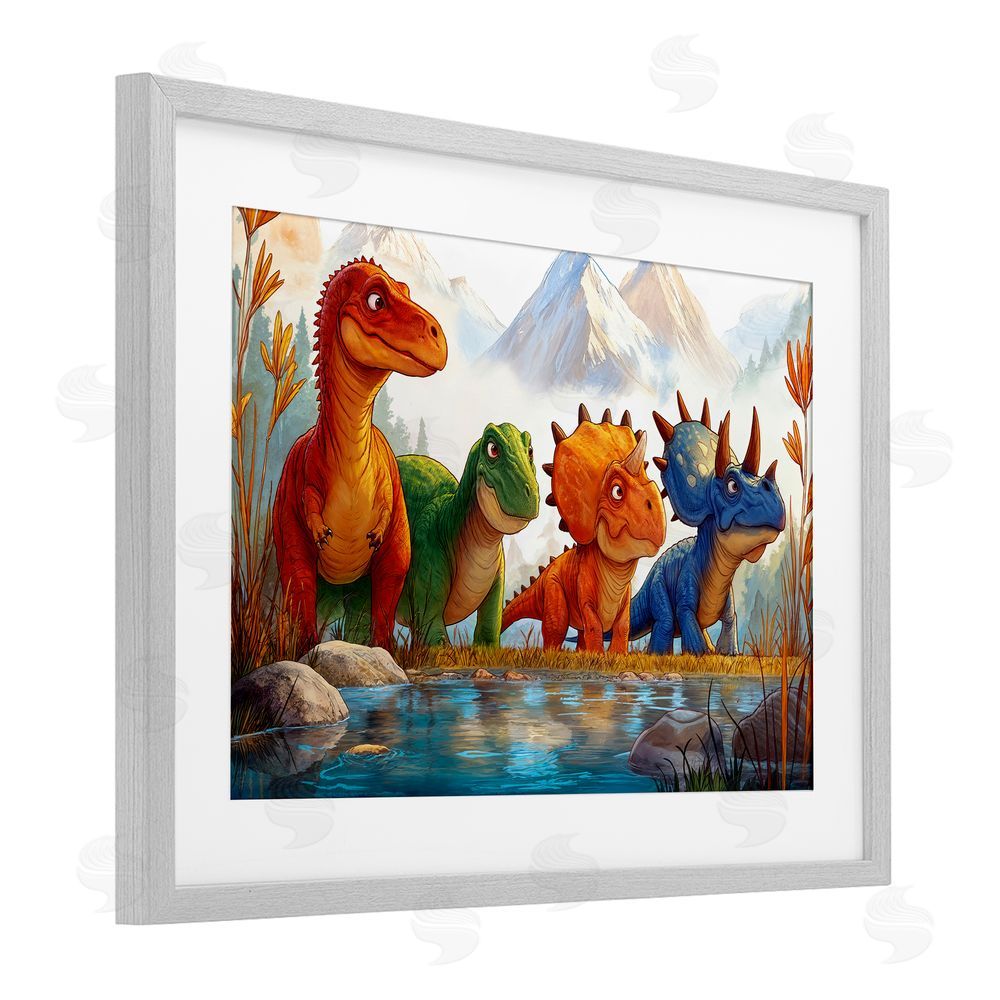Wumples Four Dinos By The Pond Gray Framed Print Under Glass with White Mat Wall Art
