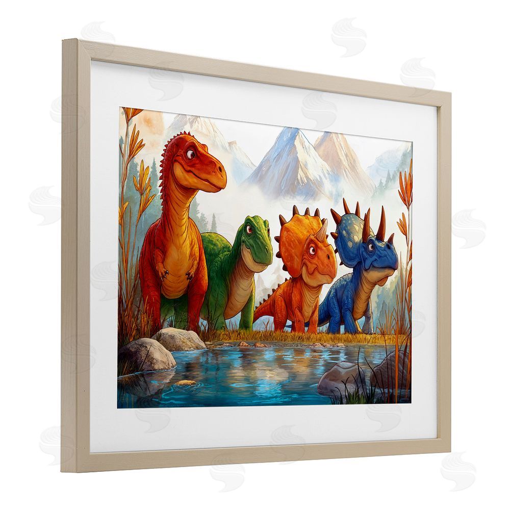 Wumples Four Dinos By The Pond Birch Framed Print Under Glass with White Mat Wall Art