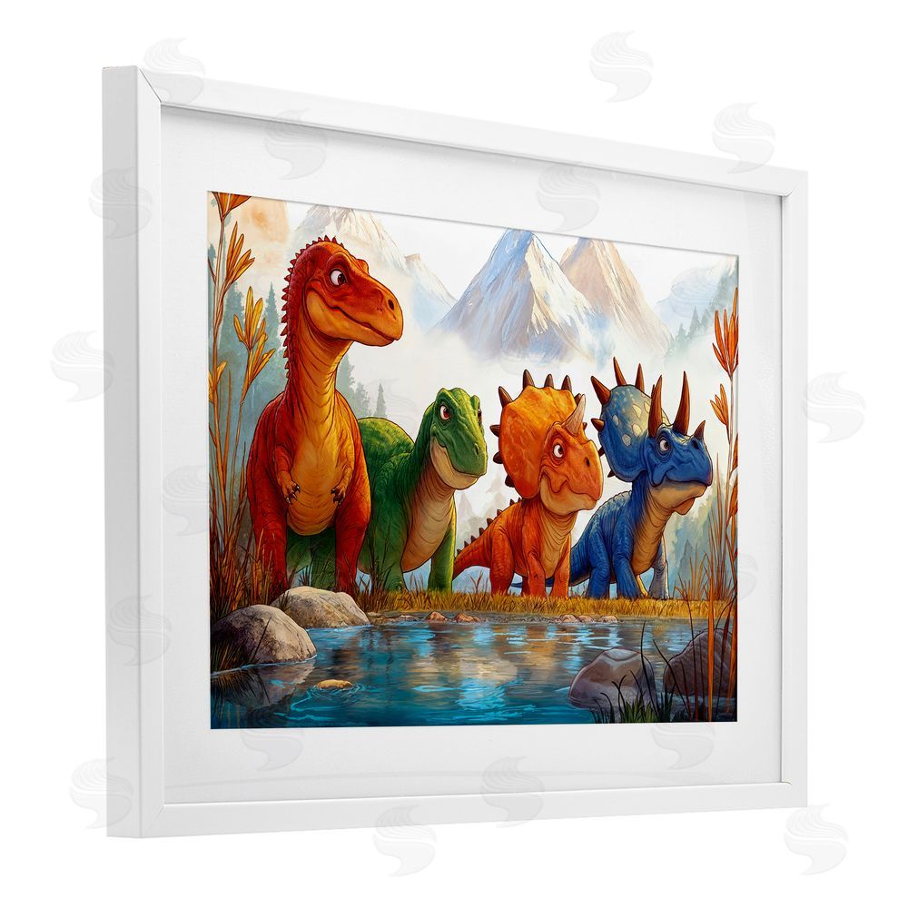 Wumples Four Dinos By The Pond White Framed Print Under Glass with Mat Wall Art