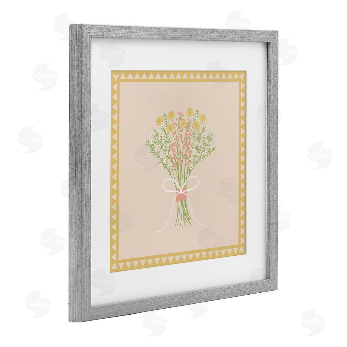 Adrienne Morris Yellow Bordered Spring Bouquet Gray Framed Print Under Glass with White Mat Wall Art