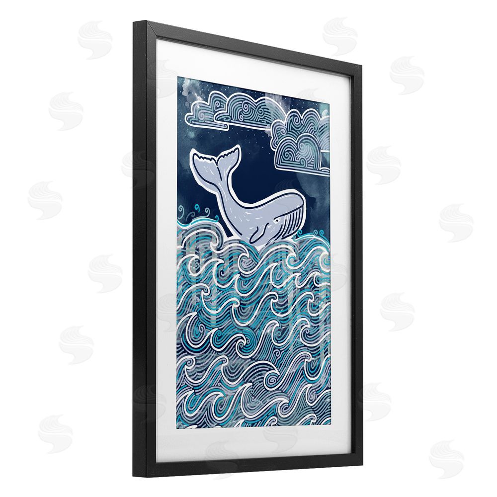 Connie Summers Stormy Ocean Waves Whale Black Framed Print Under Glass with White Mat Wall Art