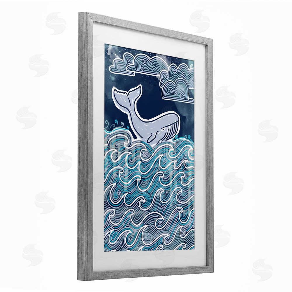 Connie Summers Stormy Ocean Waves Whale Gray Framed Print Under Glass with White Mat Wall Art