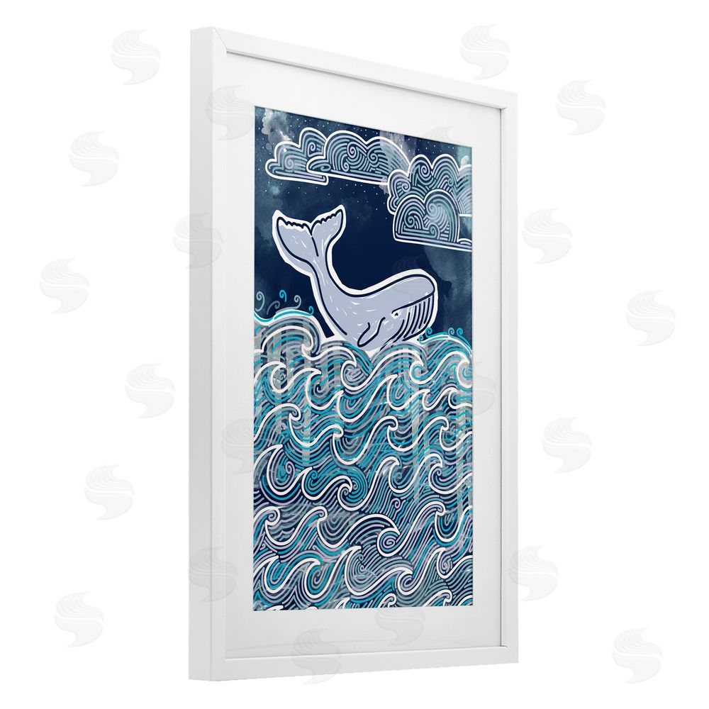 Connie Summers Stormy Ocean Waves Whale White Framed Print Under Glass with Mat Wall Art