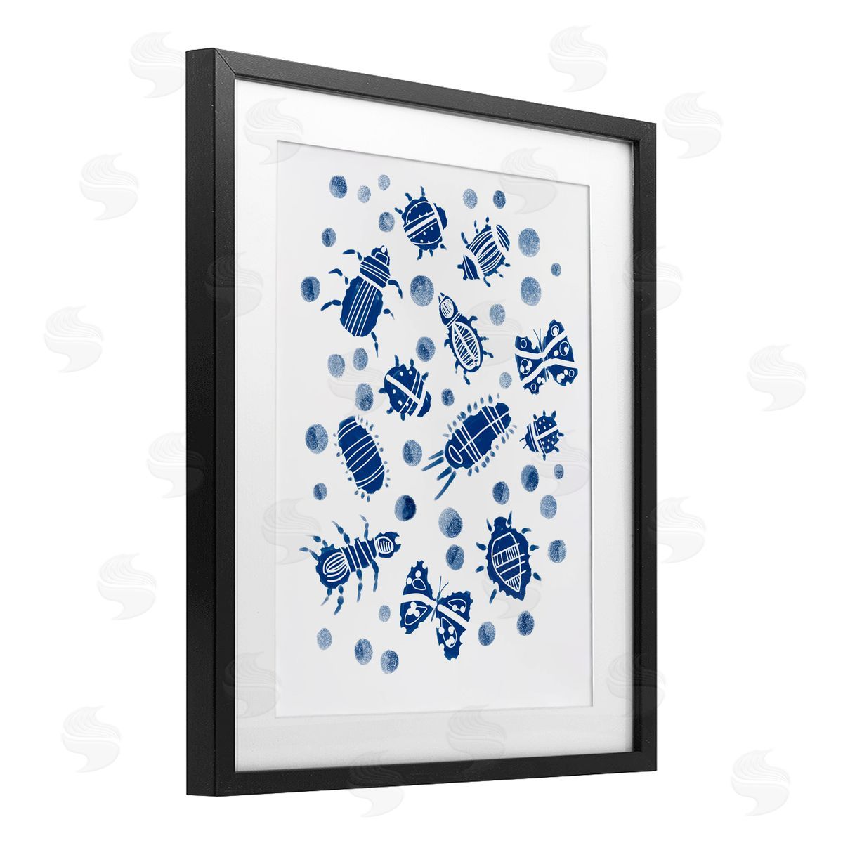 Connie Summers Indigo Bugs & Dots Black Framed Print Under Glass with White Mat Wall Art