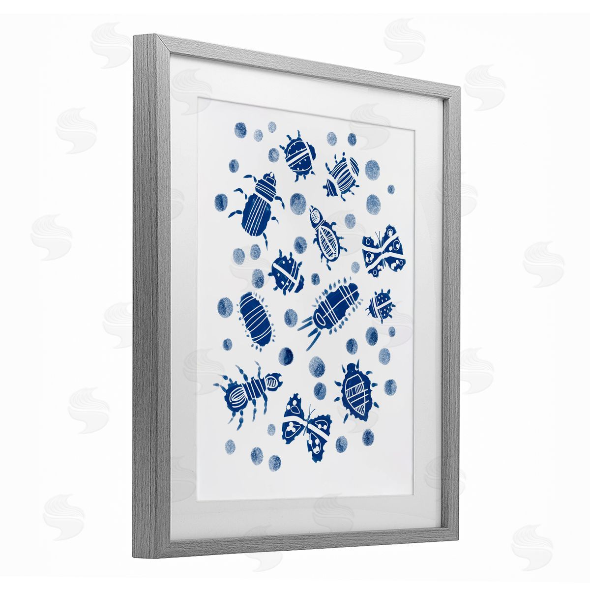 Connie Summers Indigo Bugs & Dots Gray Framed Print Under Glass with White Mat Wall Art