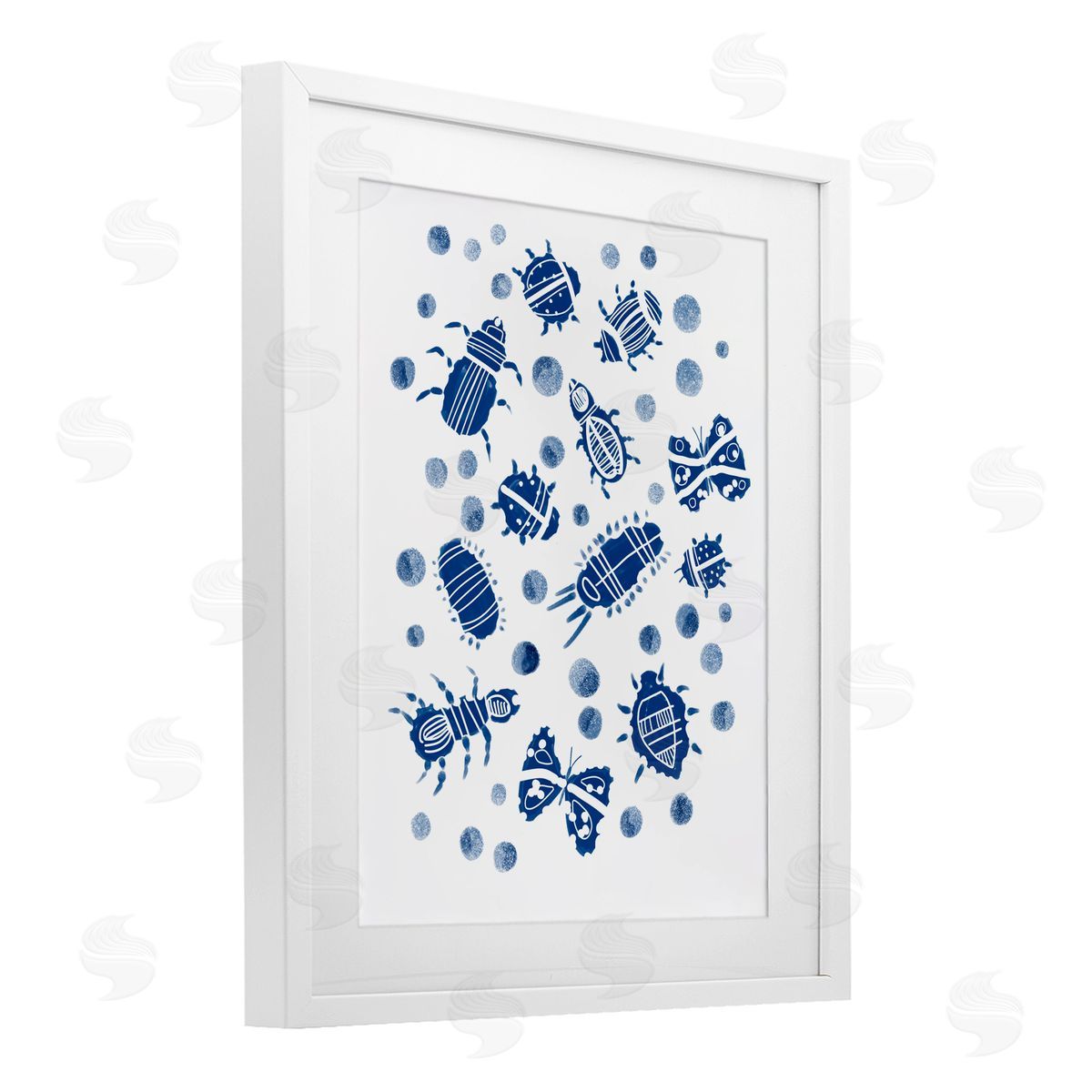 Connie Summers Indigo Bugs & Dots White Framed Print Under Glass with Mat Wall Art