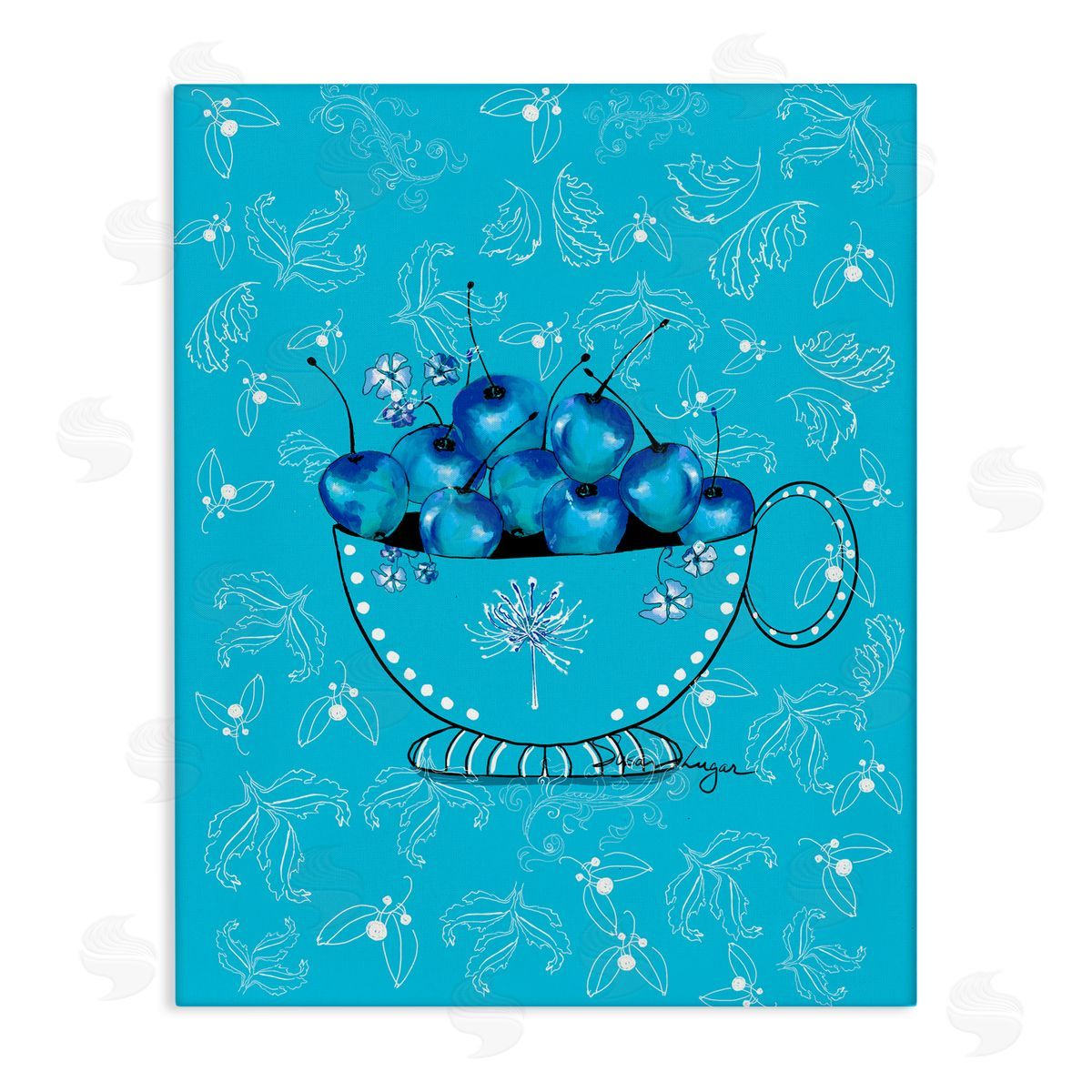 Susan Lugar Blue Cherries Teacup on Florals Canvas Wall Art Print