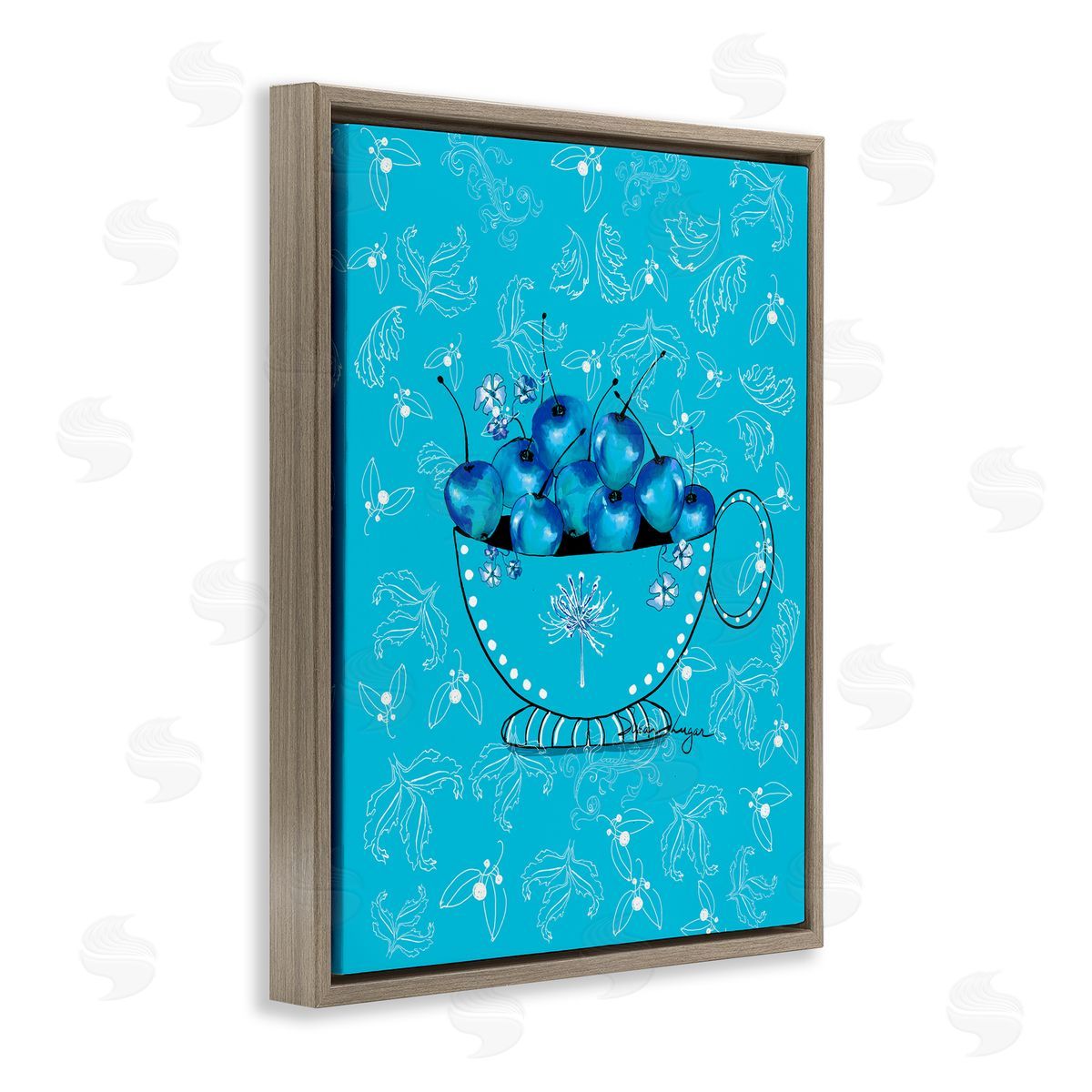 Susan Lugar Blue Cherries Teacup on Florals Canvas Wall Art Print
