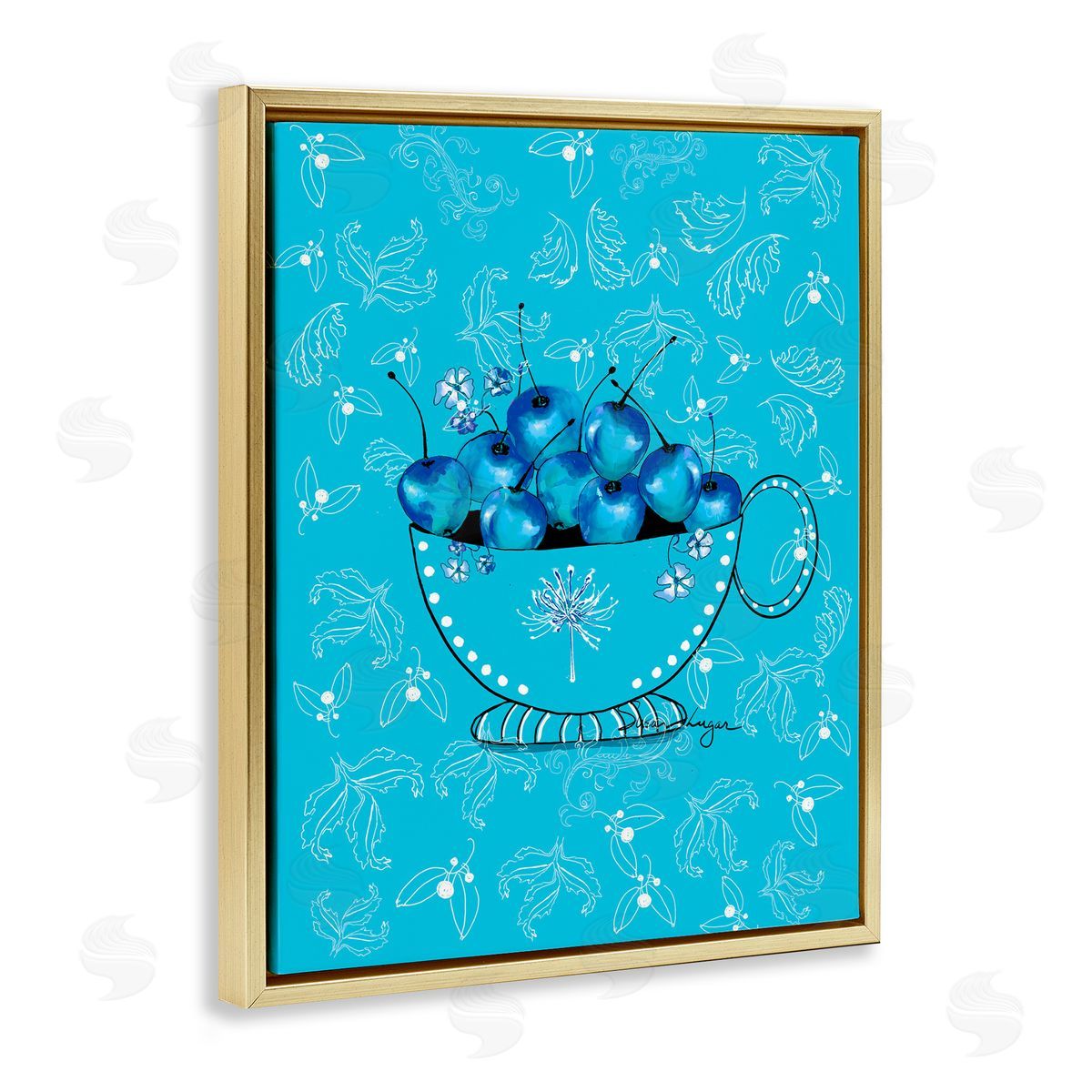 Susan Lugar Blue Cherries Teacup on Florals Canvas Wall Art Print