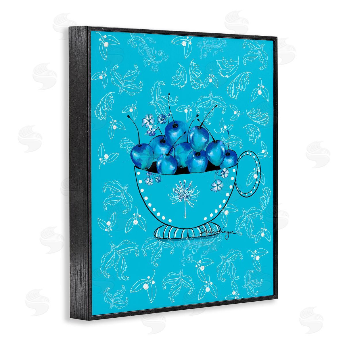 Susan Lugar Blue Cherries Teacup on Florals Canvas Wall Art Print