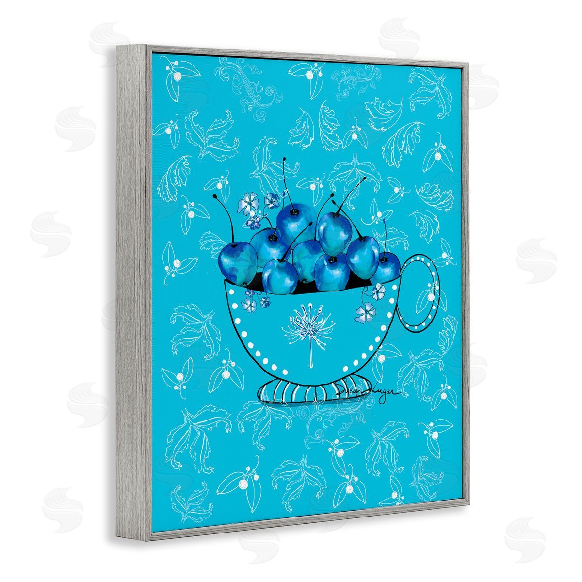 Susan Lugar Blue Cherries Teacup on Florals Canvas Wall Art Print